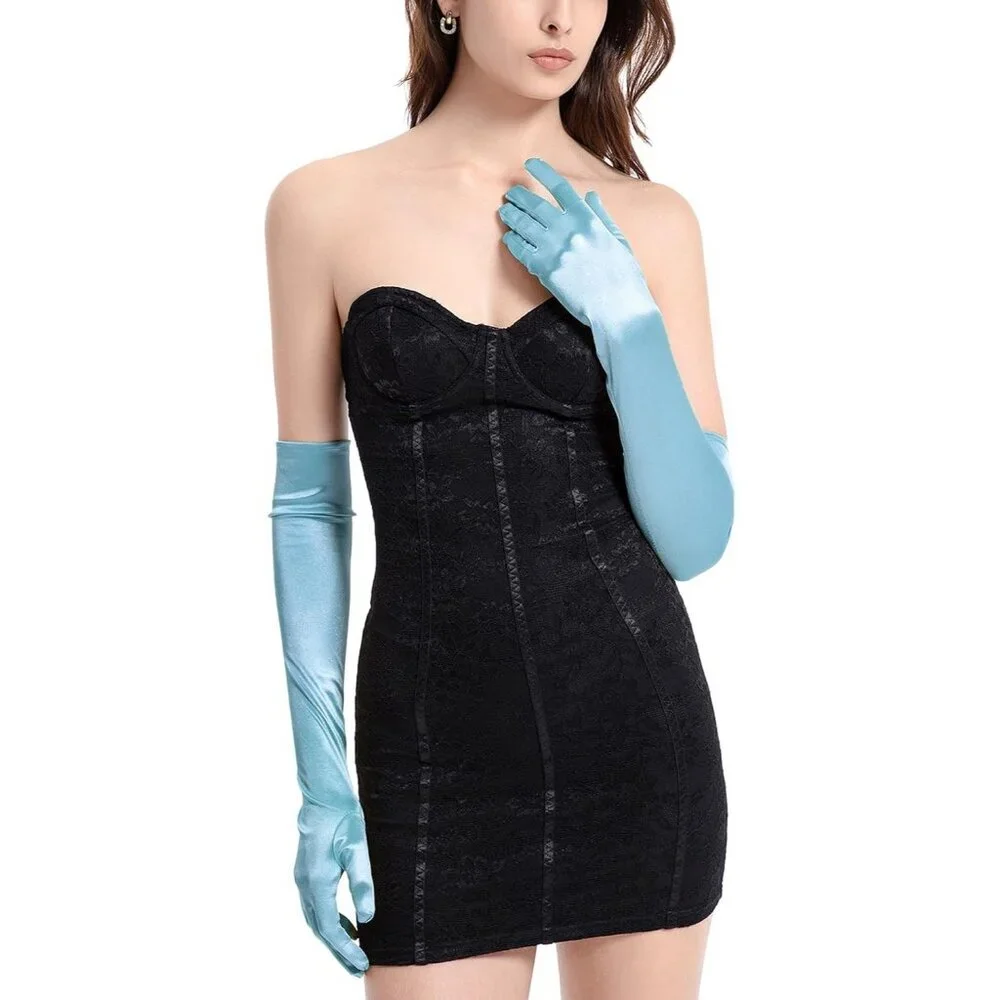 Women's Evening Blue Long Satin Gloves Elbow Length Formal Party Prom Wear